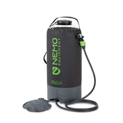 Nemo Helio portable shower on the ground for easy backcountry setup.