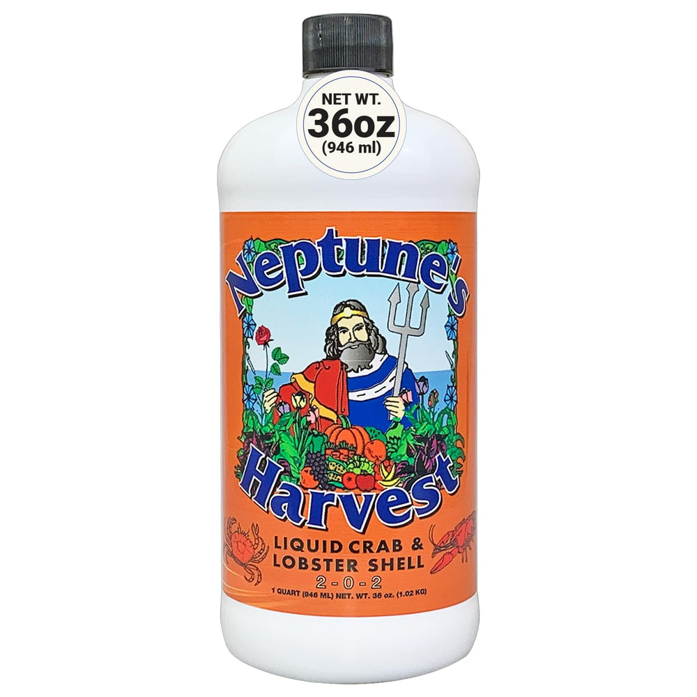 Neptune's Harvest crab & lobster fertilizer bottle pour supports robust root growth