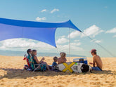 Neso Grande beach tent shade in periwinkle blue offers wide sun protection for family days