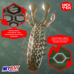 NetBait HexTek EKO Craw hex-pocket exterior holds scent for longer hold.
