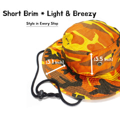 NevEND camo bucket hat side view shows adjustable strap for a secure fit