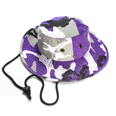 NevEND cotton camo bucket hat front view showing casual wear and sun shading.