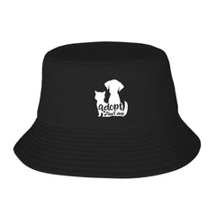 Nevfugo Adopt Pet Don't Shop bucket hat front view in black, stylish sun protection.