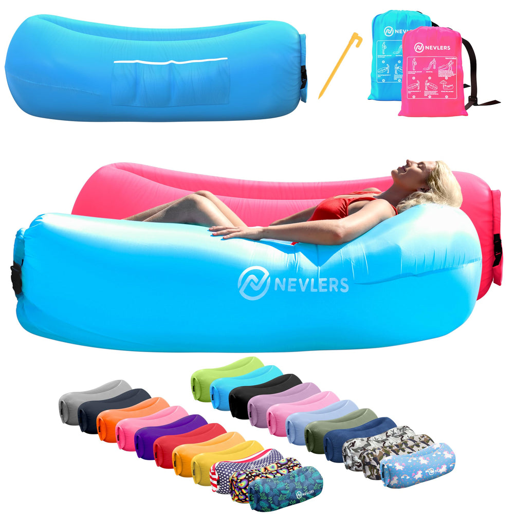 Nevlers inflatable lounger blue and pink at the beach, wind-inflated seating for two