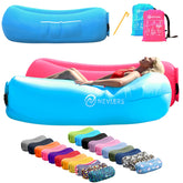 Nevlers inflatable lounger blue and pink at the beach, wind-inflated seating for two