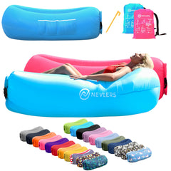 Nevlers inflatable lounger blue and pink at the beach, wind-inflated seating for two