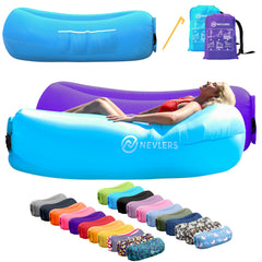 Nevlers blue and purple inflatable lounger 2-pack ready for outdoor relaxation.