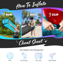 Wind setup with roll-and-clip demonstrates fast inflation for Nevlers lounger.