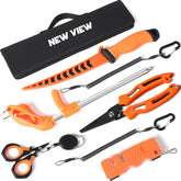 Front view of NEW VIEW 9pc Saltwater Fishing Tools Kit with carry pouch