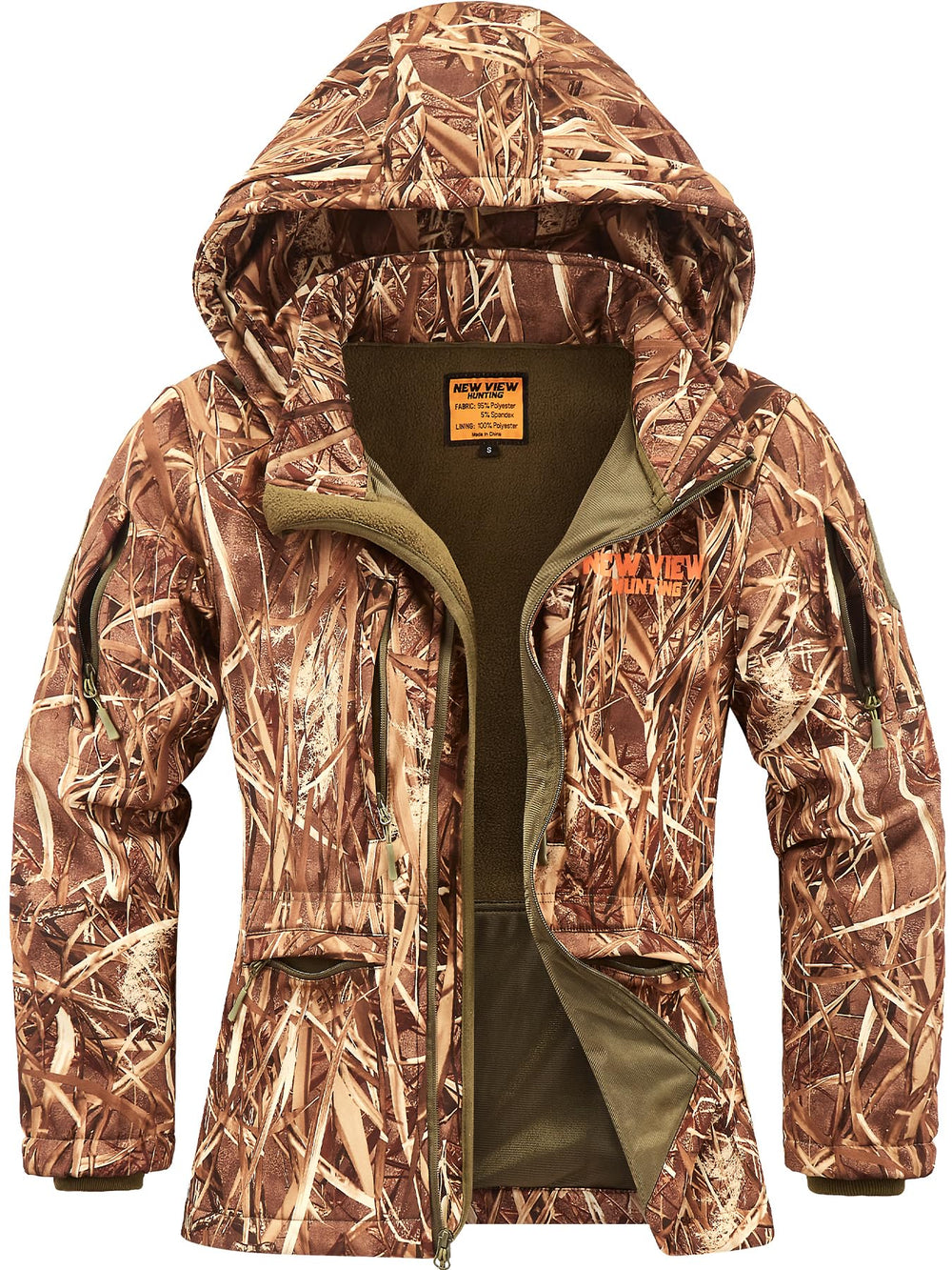 NEW VIEW women's hunting jacket in Nv Camo Reeds is water‑resistant and ready for marsh concealment.