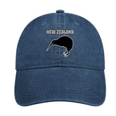 New Zealand Kiwi Bird denim cap, front view, stylish shade with adjustable fit for outdoor wear.