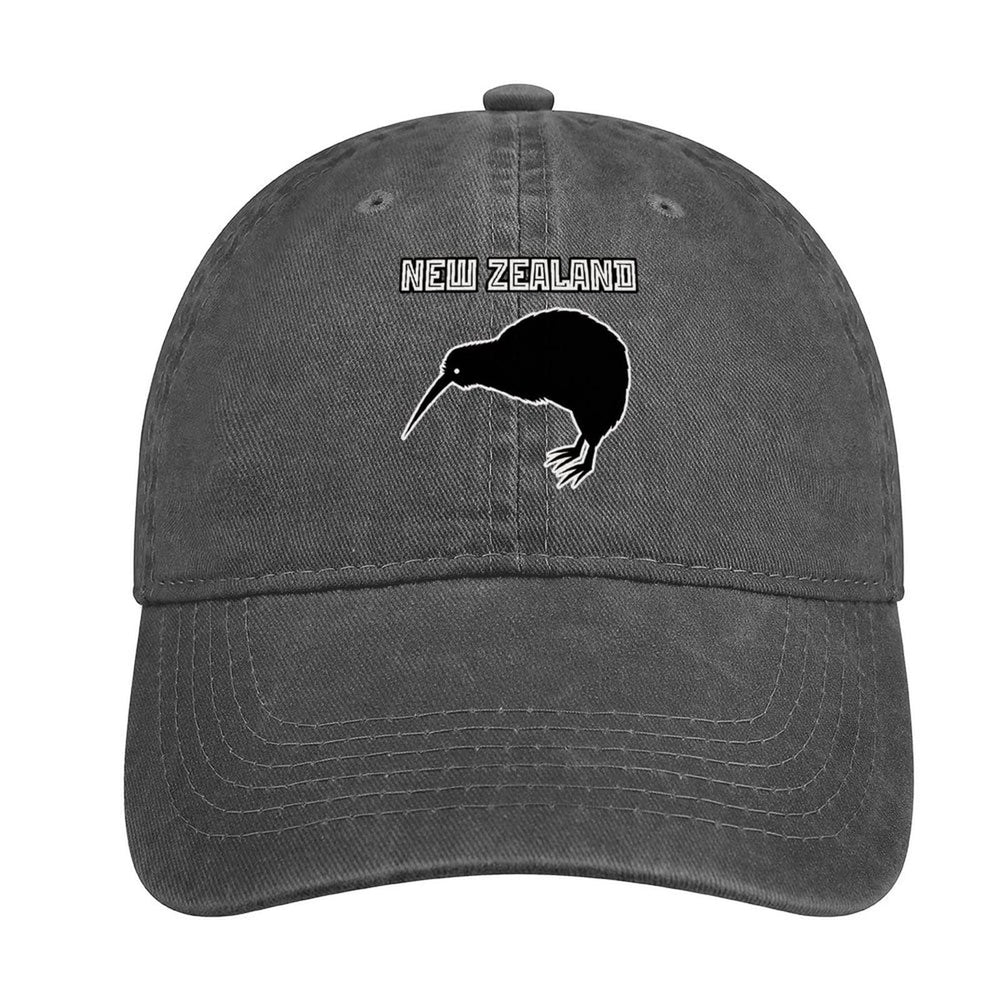 New Zealand Kiwi Bird denim cap, front view, stylish shade for outdoor adventures.
