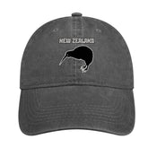 New Zealand Kiwi Bird denim cap, front view, stylish shade for outdoor adventures.