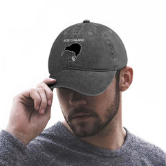 New Zealand Kiwi Bird denim cap, washed texture for vintage style.