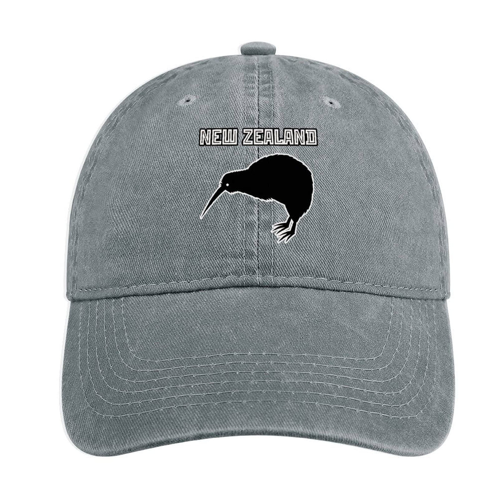 New Zealand Kiwi denim cap front view, stylish shade for sunny days and everyday wear