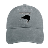 New Zealand Kiwi denim cap front view, stylish shade for sunny days and everyday wear