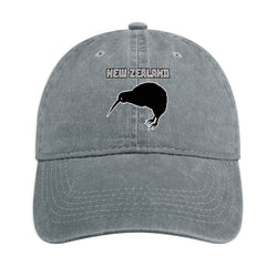 New Zealand Kiwi denim cap front view, stylish shade for sunny days and everyday wear