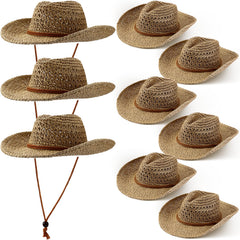 Nine khaki straw cowboy hats for women - front view
