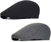 Front view of two Newsboy caps in black and dark gray