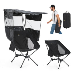 Nice C camping chair with canopy open provides shade on a sunny beach.