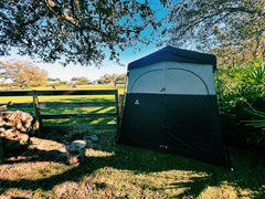 Nice C privacy enclosure demonstrates easy shower access outdoors
