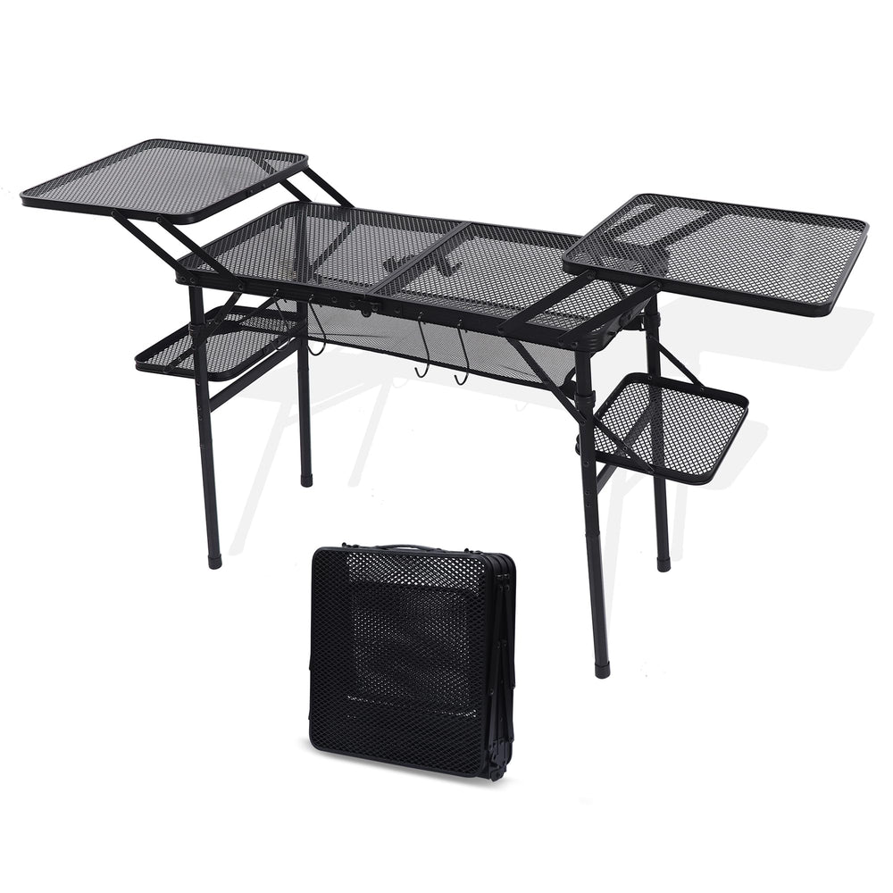 Nice C camping table assembled with side tables offers extra workspace for outdoor cooking.