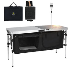 Nice C camping table with solar panel powers devices outdoors without outlets.