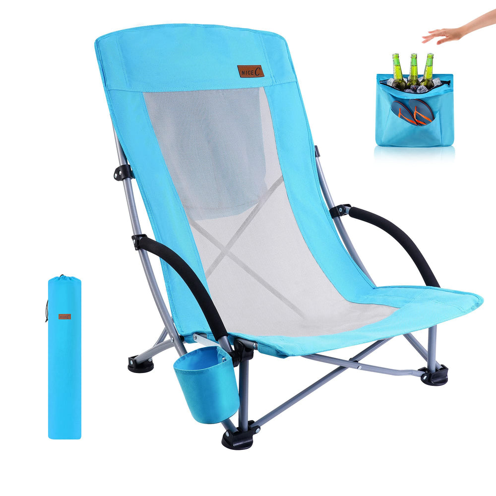 Nice C compact high-back beach chair provides ergonomic support for all-day comfort.