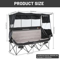 Nice C heated 3-person chair canopy extended for shade and wind protection.