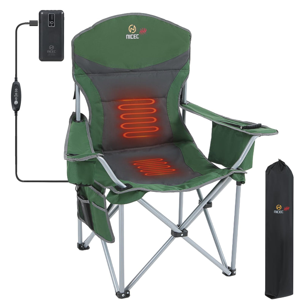 Nice C heated camping chair with battery powering warmth during chilly nights.