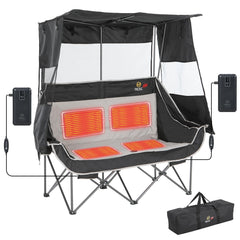 Nice C heated double camping chair with canopy provides cozy warmth for two outdoors.