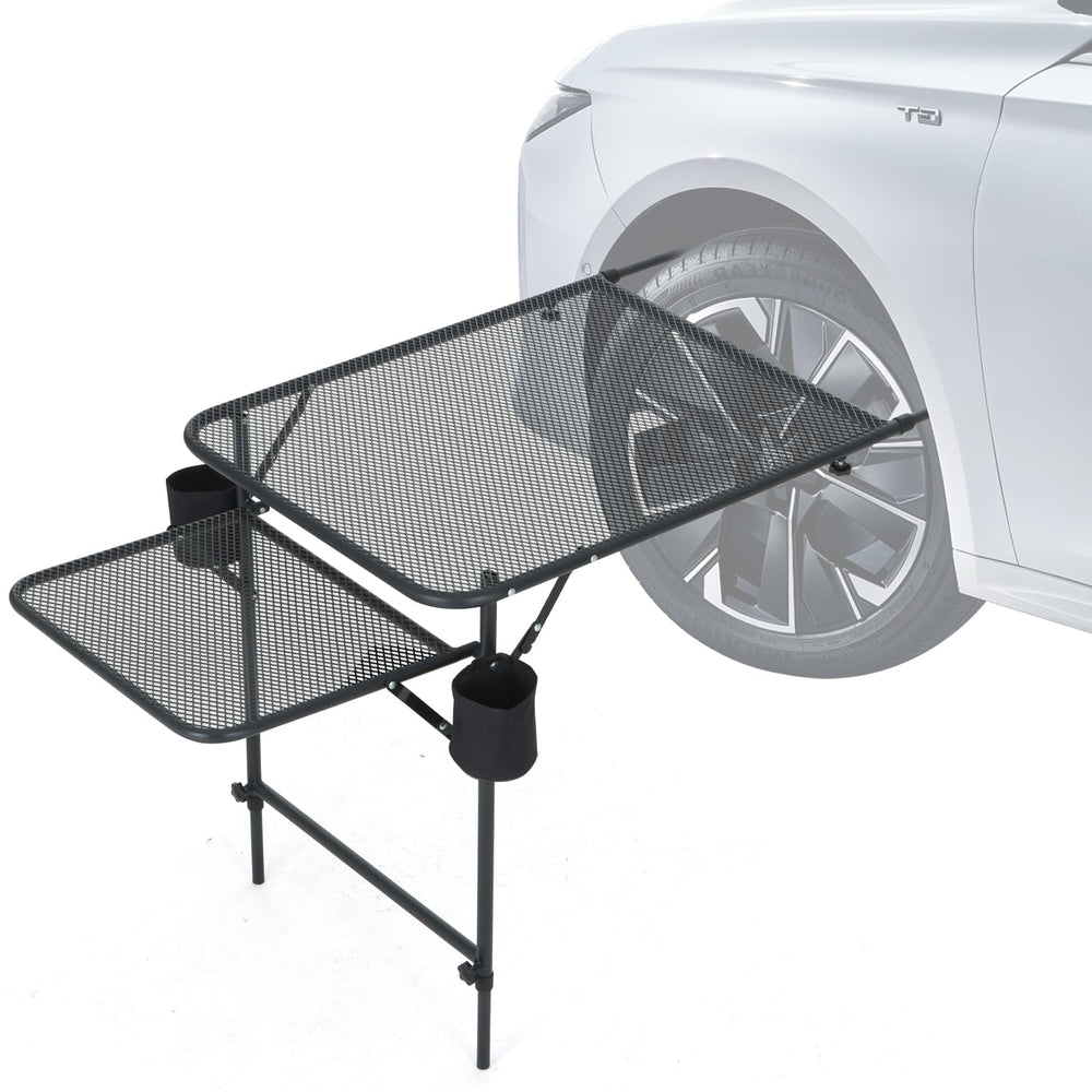 Nice C Tailgate Table attached to tire for a secure, hands-free workspace
