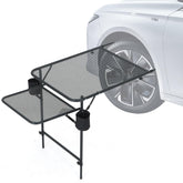 Nice C Tailgate Table attached to tire for a secure, hands-free workspace