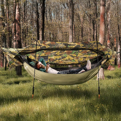 Night Cat hammock rain fly in rain scene showing weatherproof shelter.