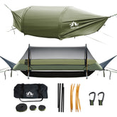 Night Cat flat-lay hammock tent setup shows a spacious, bed-like sleep for solo hikers.