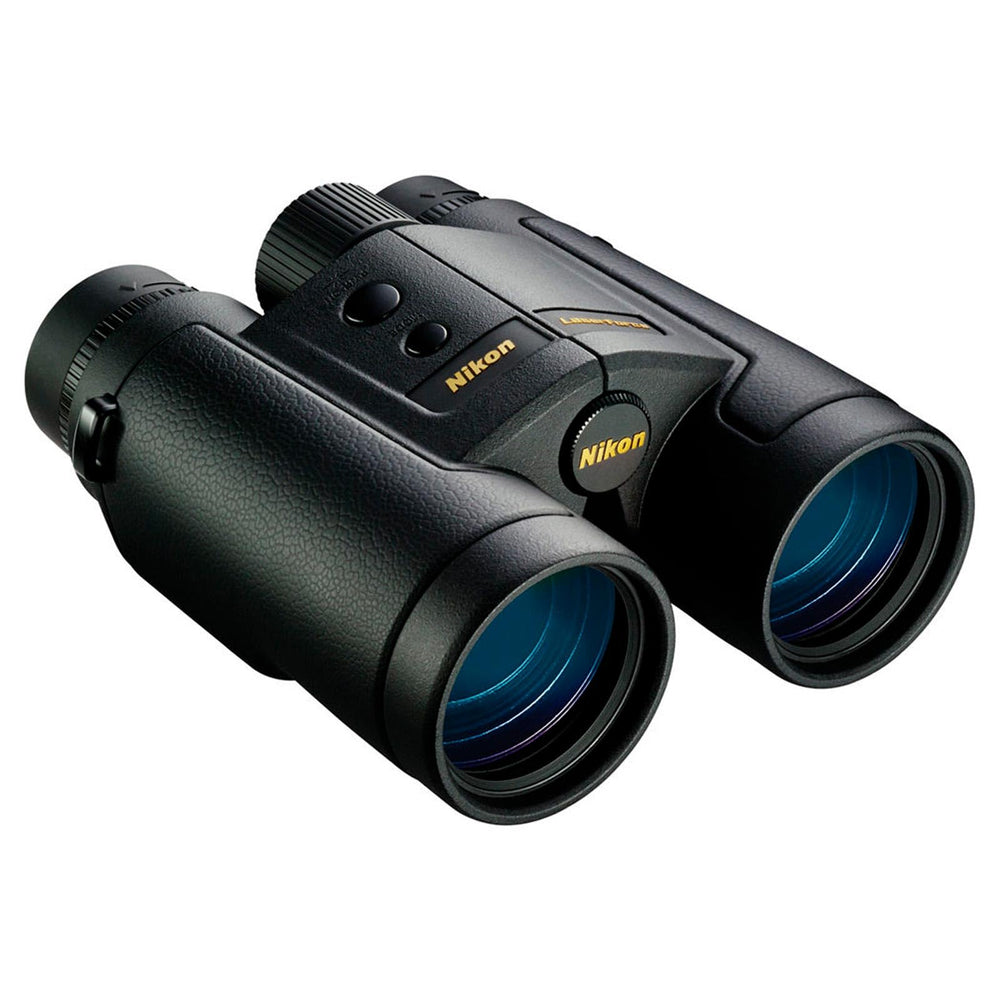 Nikon LaserForce 10x42 binoculars with red OLED display for quick range readings in low light.
