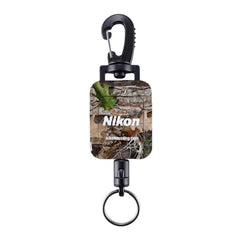 Nikon retractable rangefinder tether in Kanati Realtree camo securing gear during hunts.