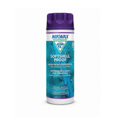 Nikwax Softshell Proof wash-in bottle for renewed water repellency on softshell fabrics.