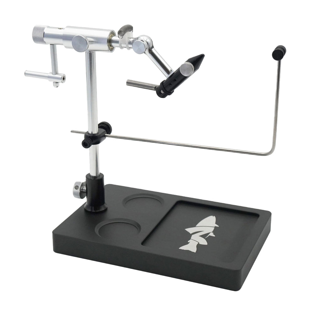 Nirvana On The Fly Nirvana V2 rotary vise front shot shows precise, portable fly tying.