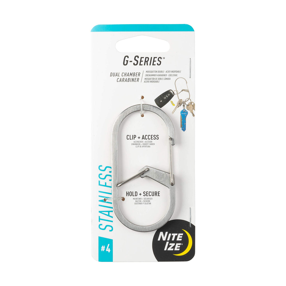 Nite Ize GS4-11-R6 G-Series dual-chamber carabiner in stainless steel holding keys securely