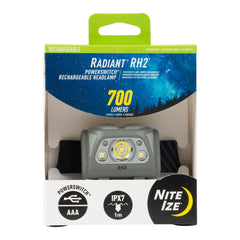 Nite Ize Radiant RH2 front view shows compact headlamp with PowerSwitch for flexible power options