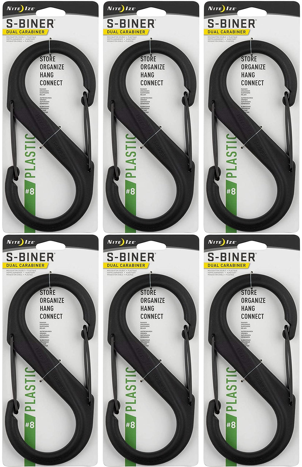 Nite Ize S-Biner 8 front view highlighting dual gates for hands-free organization.