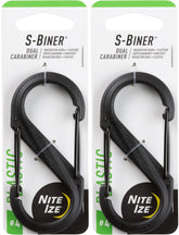 Nite Ize S-Biner plastic dual carabiner in black pack for secure keys and gear organization.