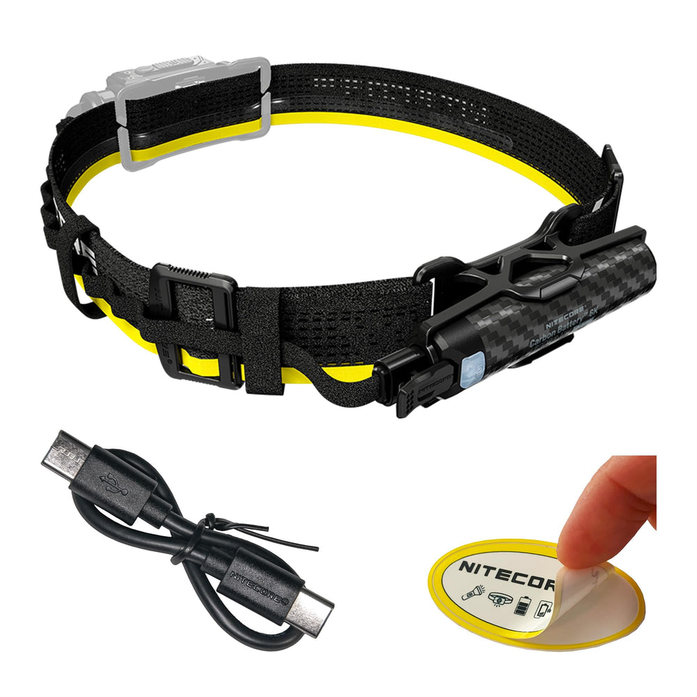 Nitecore Carbon Battery 6K kit attached to a headlamp for extended runtime.
