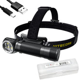Nitecore HC35 headlamp worn on headband for hands-free night tasks.