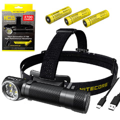 Nitecore HC35 headlamp worn on head for hands-free trail lighting.