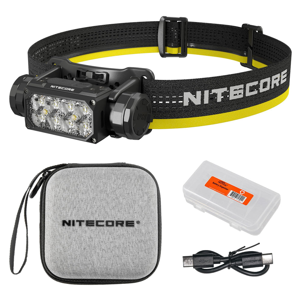 Nitecore HC65 UHE headlamp front view for hands-free use during night activities.