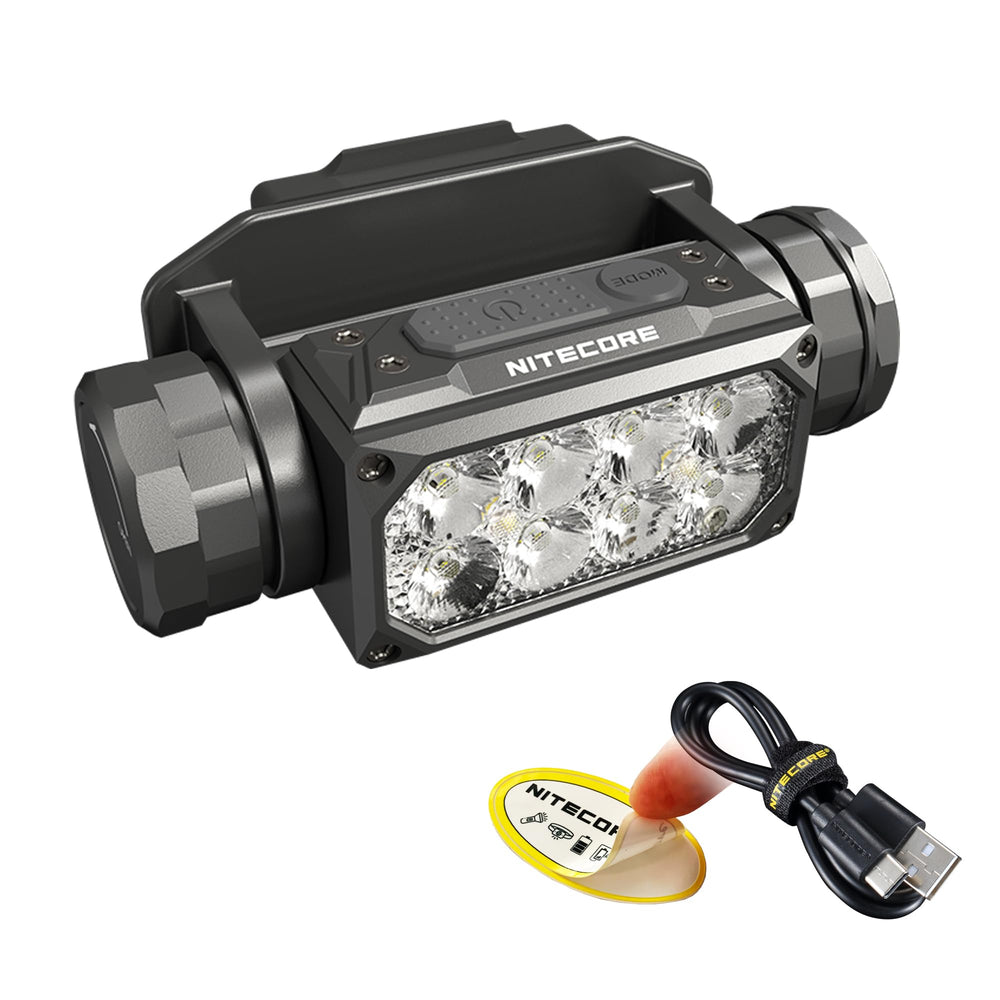 Nitecore HC65M-UHE headlamp front view, compact design for helmet mounting.