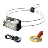 Nitecore NU21 headlamp worn on head for hands-free trail lighting.