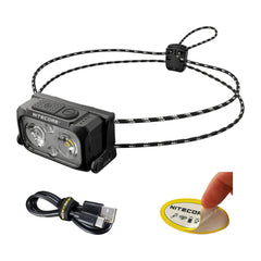 Nitecore NU21 headlamp worn on a lightweight headband for hands-free night runs.